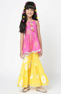 Thumbnail for Lil Drama Marigold Magic Girls Pink Embroidered Kurta With Sharara Set - Distacart