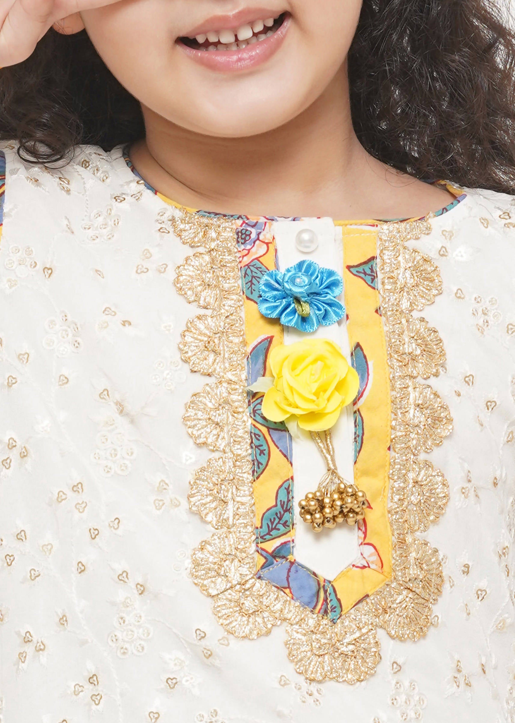 Little Bansi Cotton Embroidery Kurta with Floral Sharara & Dupatta - White & Yellow - Distacart