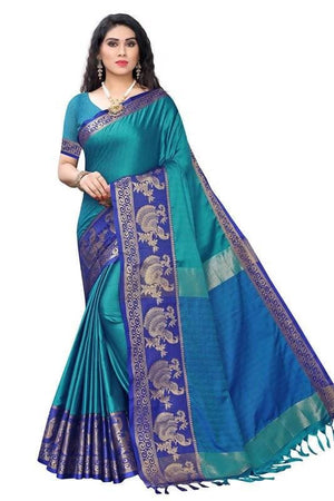 Vamika Banarasi Jacquard Weaving Blue Saree (DHONI BLUE)