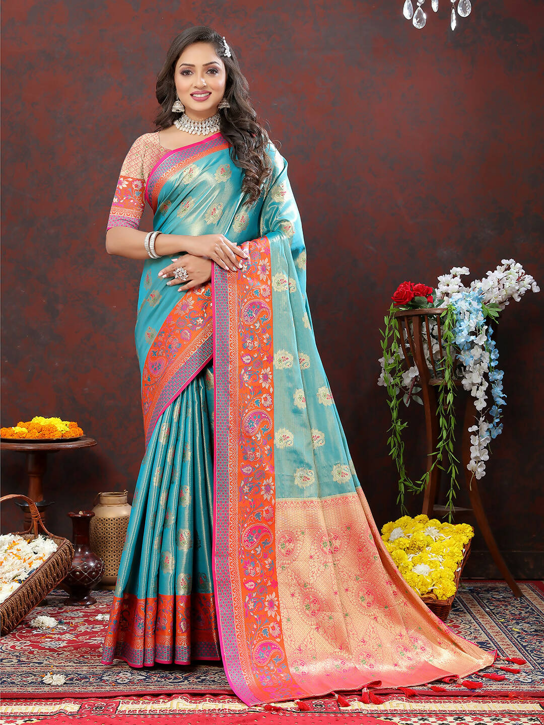 Lorenvalley Fashion Skyblue Kanjivaram Silk Woven Design with Zari Weaving Saree - Distacart