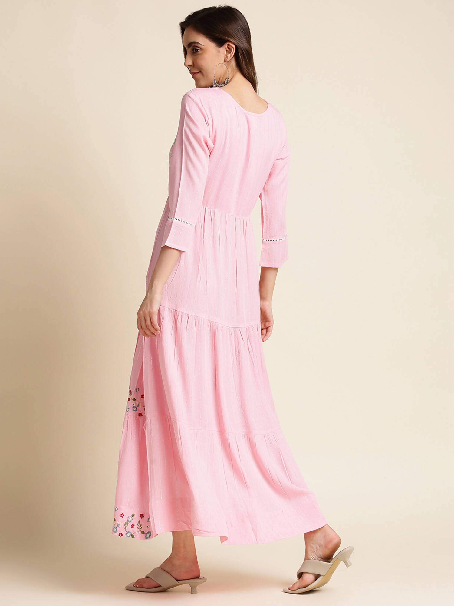 Pink Chinon Floral Embroidered Dress - Nandani - Distacart