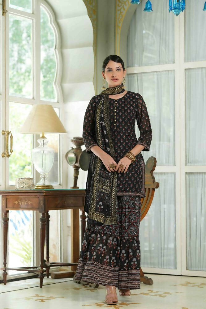 Juniper Black Georgette Festive Floral Print Straight Tunic-Sharara For Women - Distacart