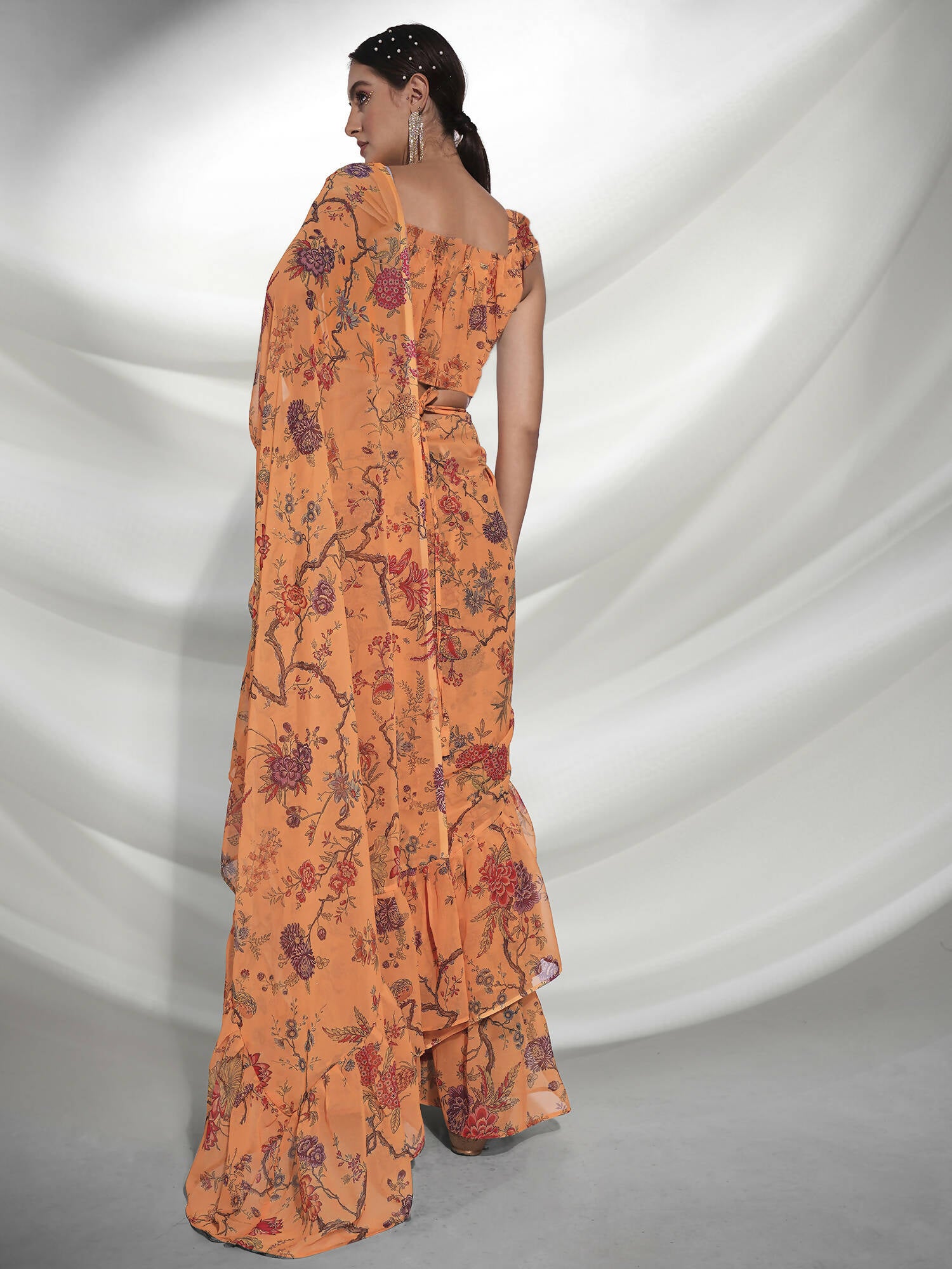 Orange Georgette Floral Printed Saree With Unstitched Blouse Piece - Rajal - Distacart