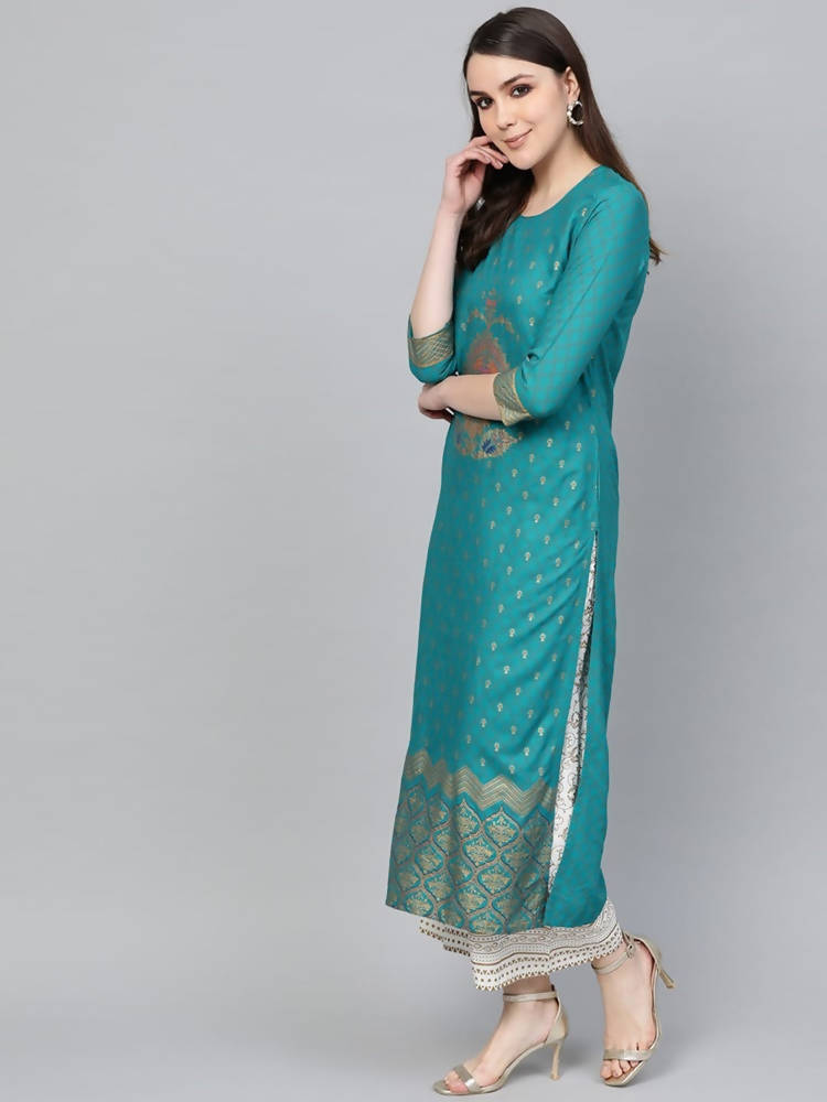 Vamika Sky Blue Printed Rayon Party Wear Kurta Set