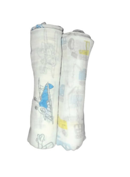 Kindermum Organic Cotton Muslin Swaddle Blanket 100 Cm X 100 Cm - Set Of 2 - Transport And Aviator - Distacart
