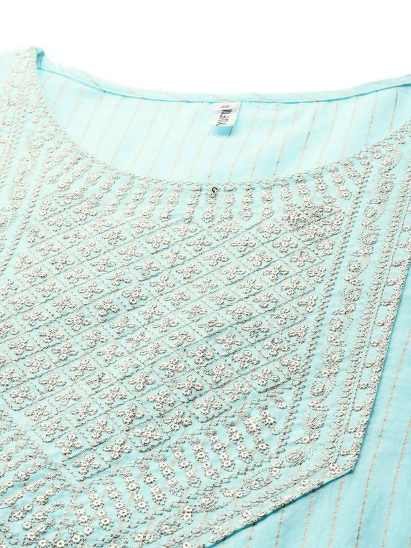 Yufta Women Turquoise Blue Yoke Design Mirror Work Kurta