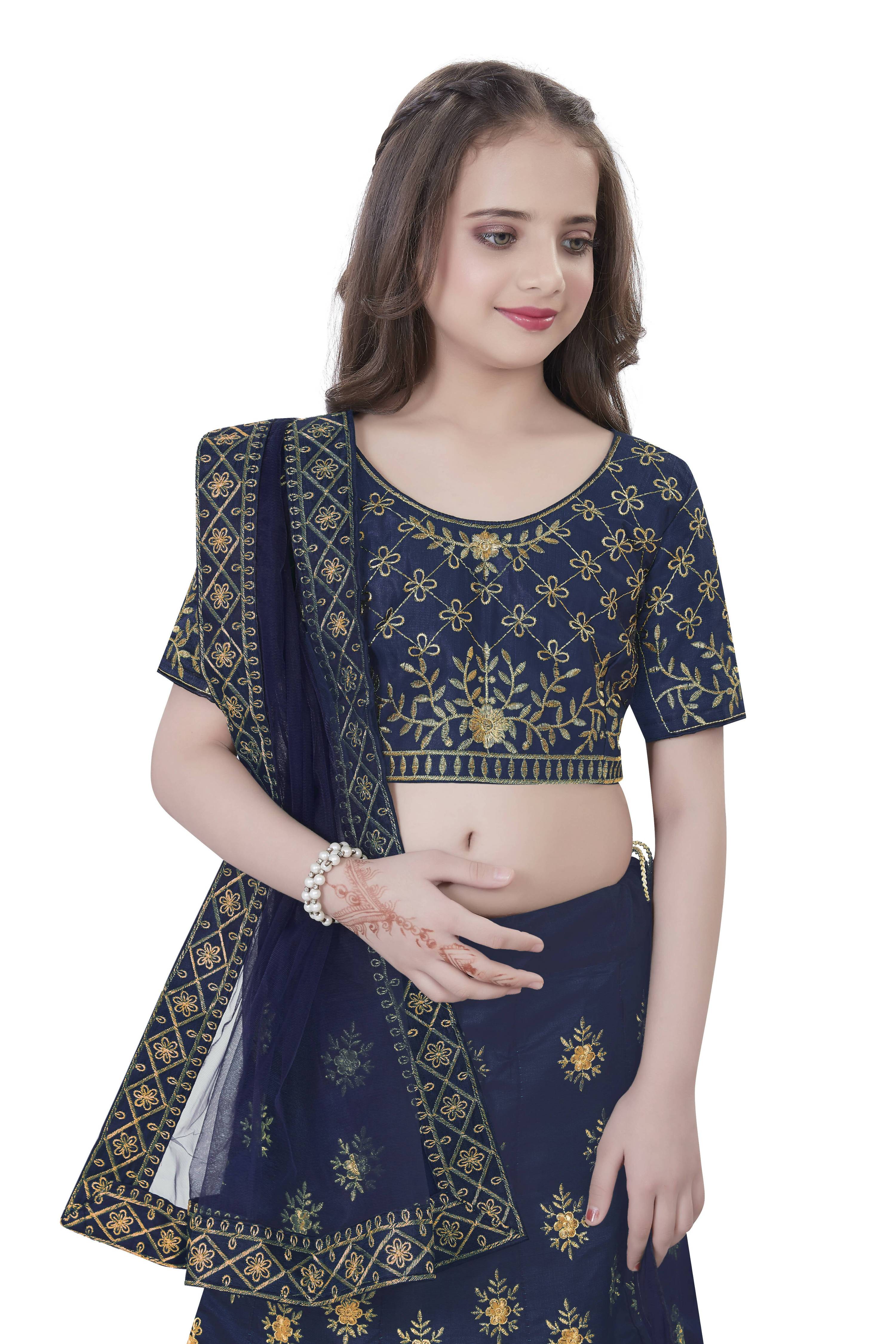 Dwiden Navy Blue Lehriyu Tafetta Sattin Semi-Stitched Girl's Lehenga Choli - Distacart