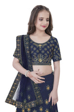 Thumbnail for Dwiden Navy Blue Lehriyu Tafetta Sattin Semi-Stitched Girl's Lehenga Choli - Distacart