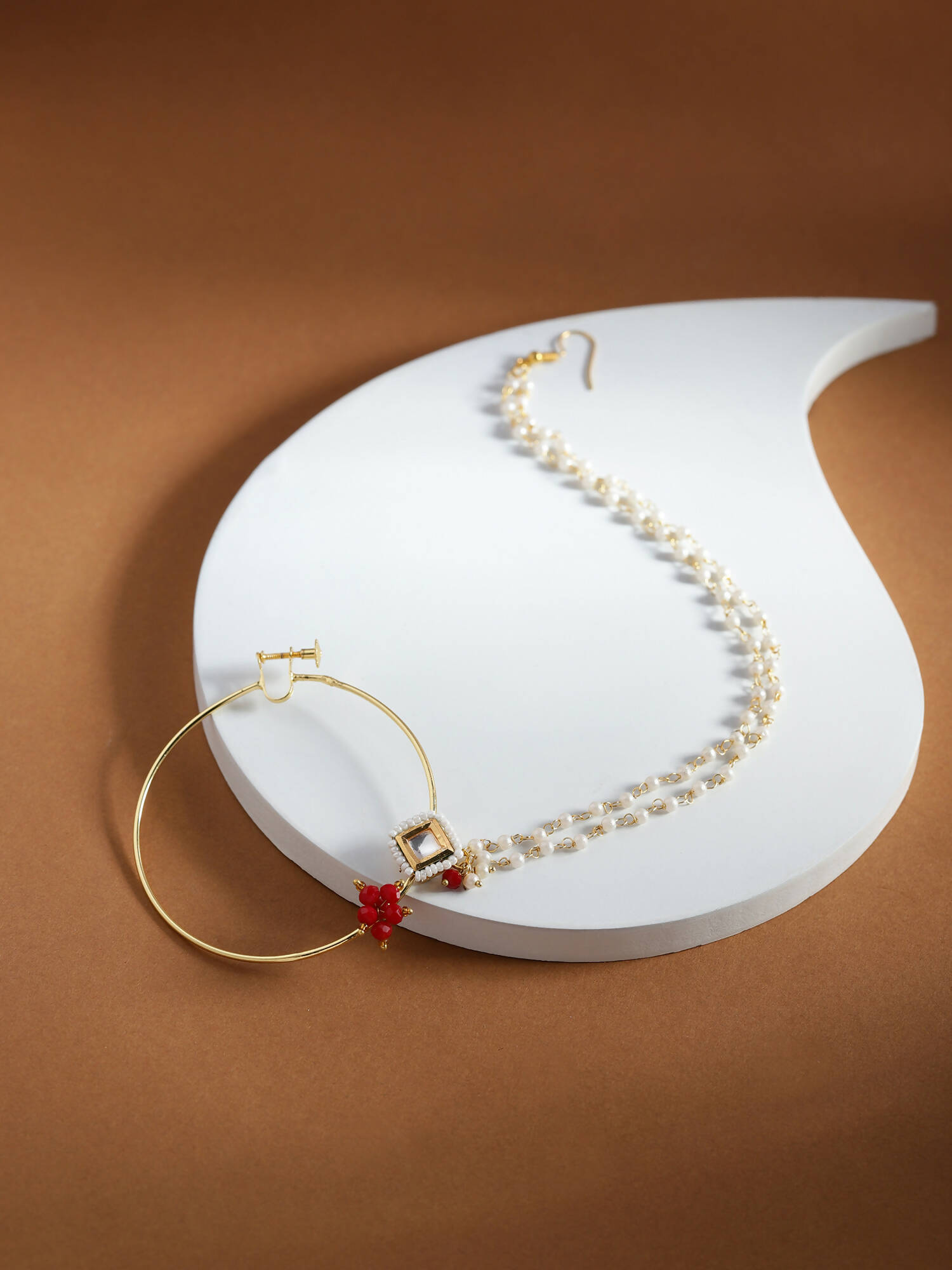 Gold-Plated White Red Kundan-Studded Pearl Beaded Nosepin - Ruby Raang - Distacart