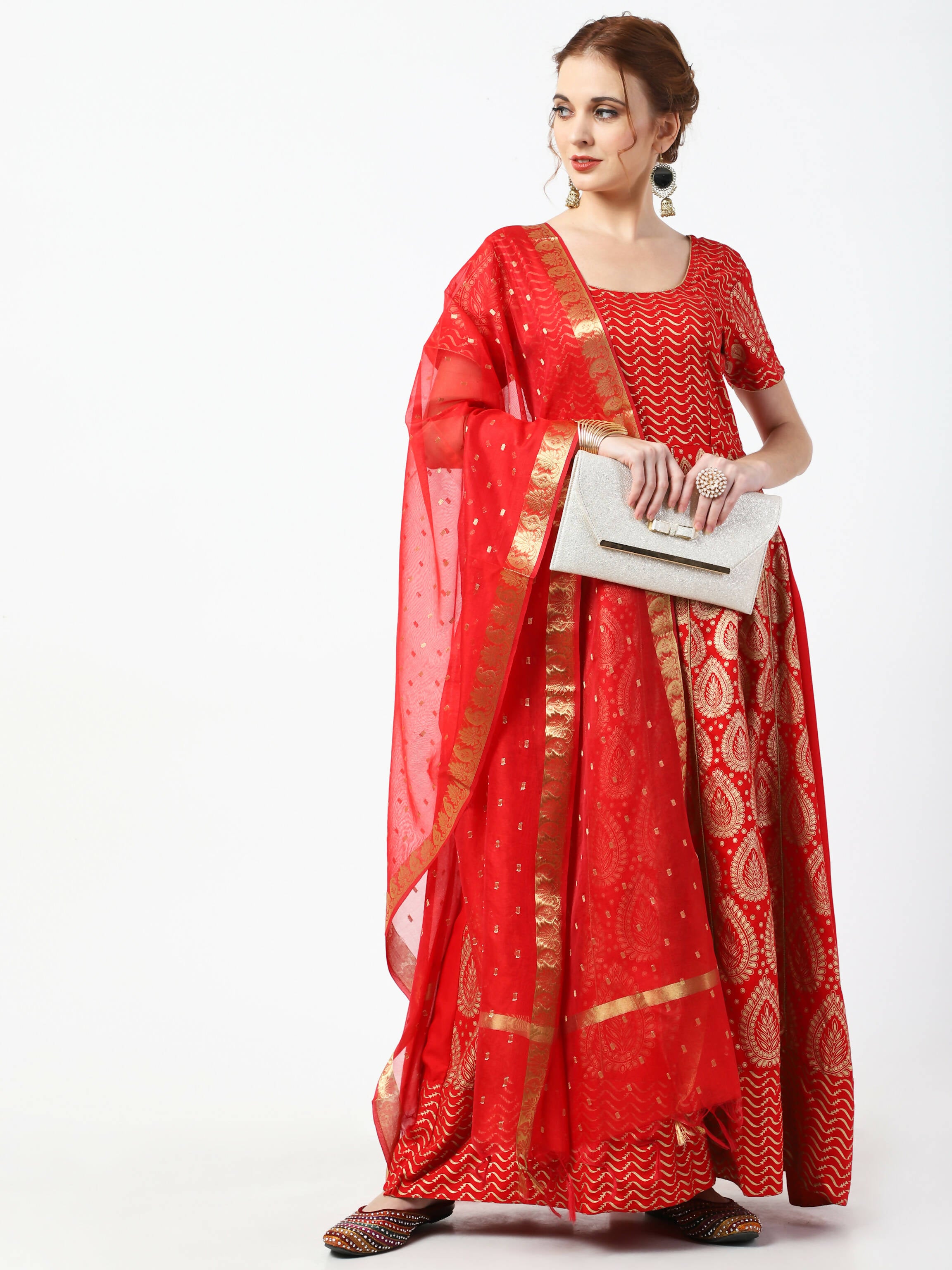 Cheera Women's Red Chanderi Silk & Rayon Hand Block Print Long Dress With Silk Dupatta Set - Distacart