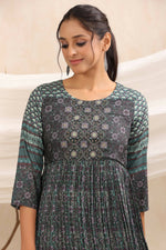Thumbnail for Juniper Bottle Green Muslin Festive Printed Flared Dress For Women - Distacart