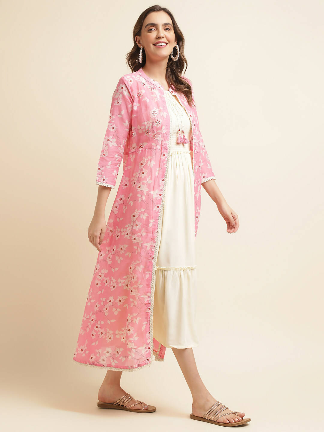 White Cotton Solid Flared Dress with Printed Shrug - Yukti - Distacart