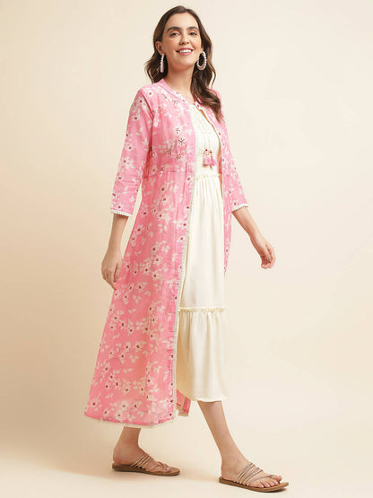 White Cotton Solid Flared Dress with Printed Shrug - Yukti - Distacart