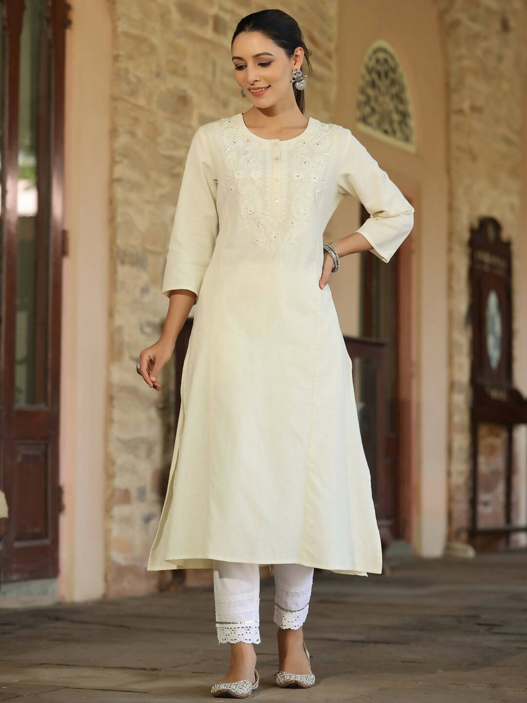 Juniper Women's Offwhite Cotton Flex Embroidered Straight Kurta - Distacart