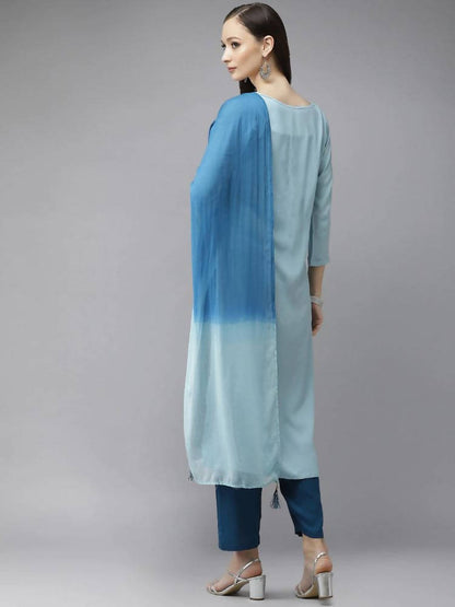Yufta Women Blue Embroidered Thread Work Kurta with Palazzo & With Dupatta