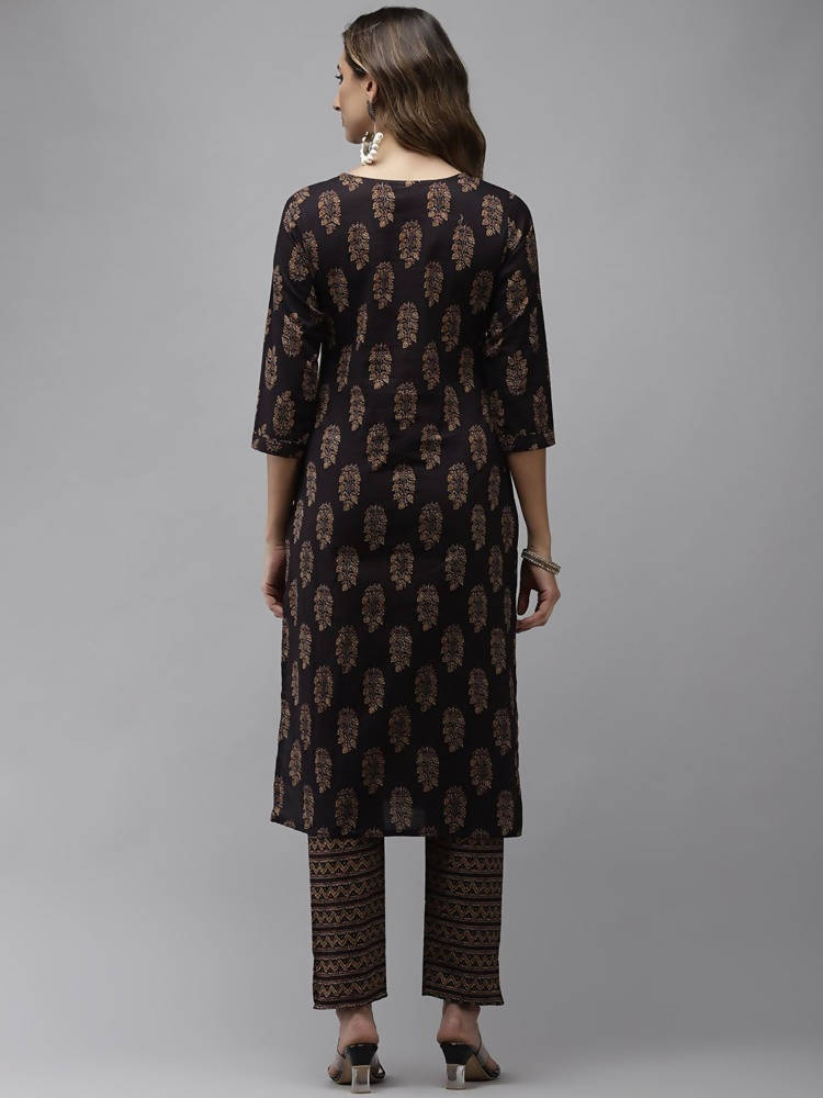 Yufta Women Navy Blue Sequinned Pure Cotton Kurta with Trouser