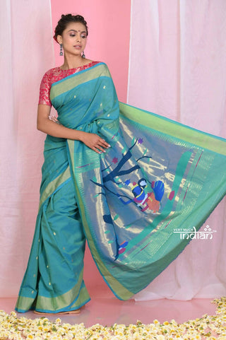 Very Much Indian Handloom Pure Cotton Paithani -Turquoise Blue - Distacart