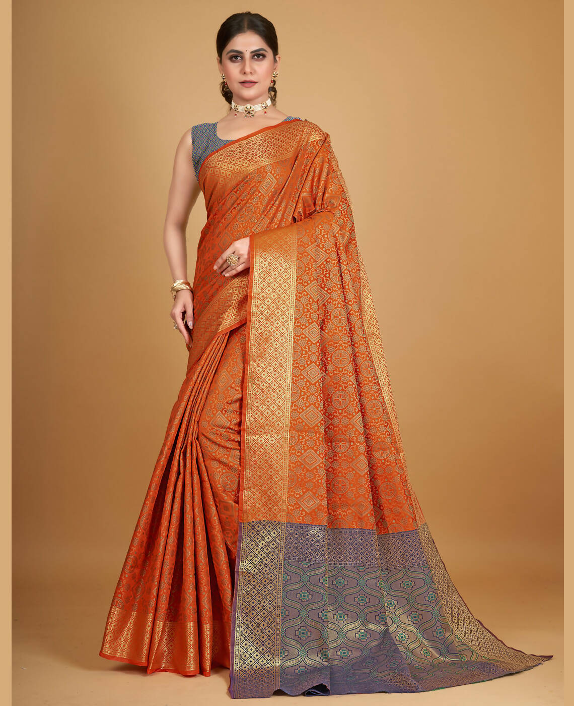 Orange Silk Woven Design Saree With Unstitched Blouse Piece - Akshita - Distacart