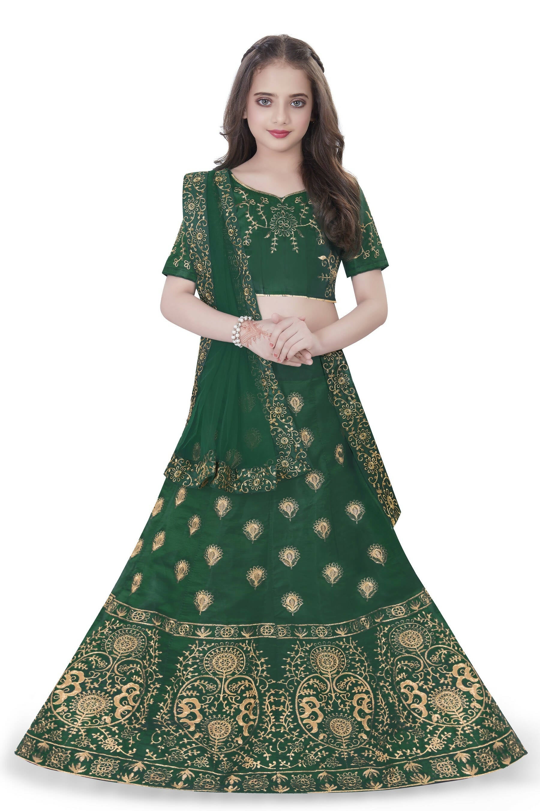Dwiden Green Gulab Tafetta Sattin Semi-Stitched Girl'S Lehenga Choli - Distacart