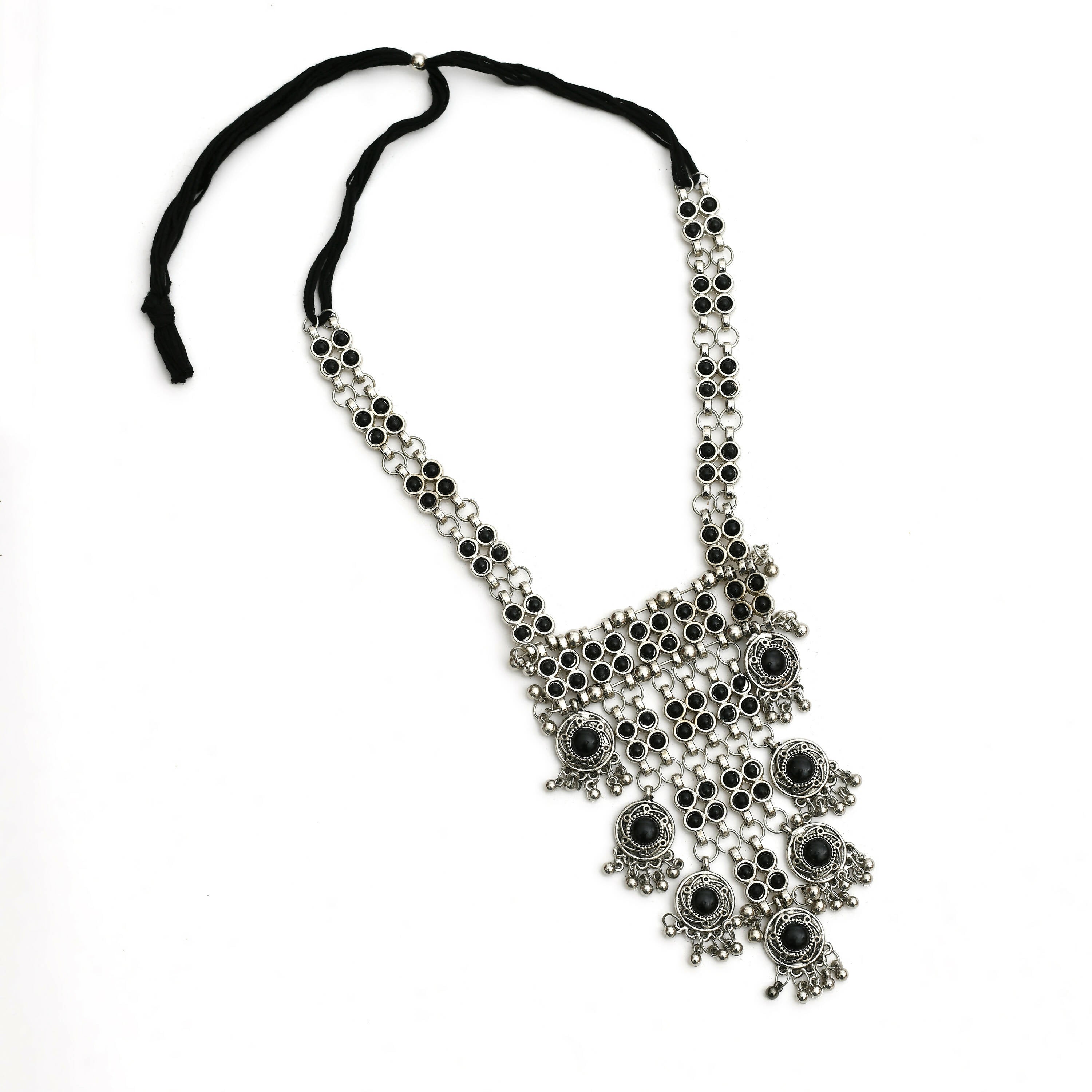 Mominos Fashion Johar Kamal Oxidised Silver-Plated Brass Finish Black Kundan Afghani Long Necklace For Women - Distacart