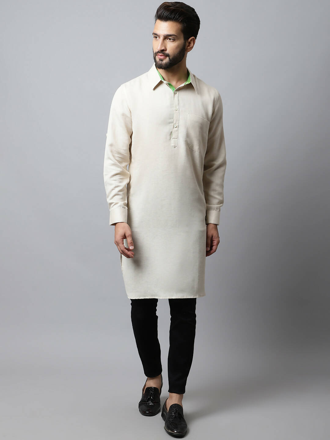 Even Apparels Cream Color Cotton Solid Men's Kurta With Shirt Collar (LN027) - Distacart