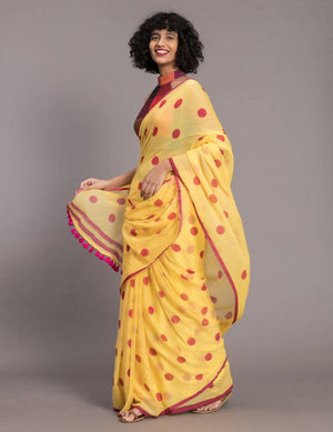 Suta Yellow Pink Polka Printed Pure Cotton Saree - Distacart