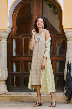 Yufta Green Printed and Embroidered Dress