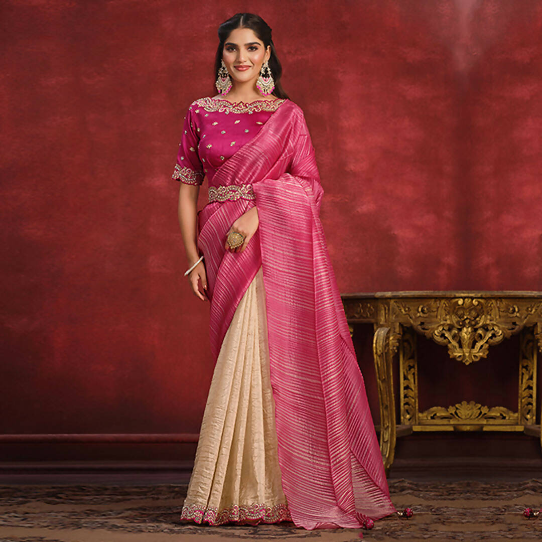 Pink & Beige Banarasi Crush Silk Sequence Thread & Stone Work/ Texture Pallu Saree - Mohmanthan Kimiya - Distacart