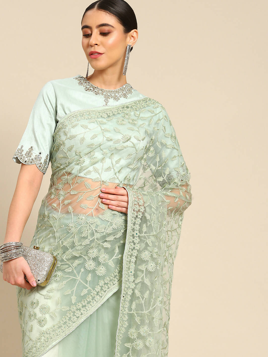 Green Woven Design Net Saree with Blouse Piece - Kalamkari - Distacart