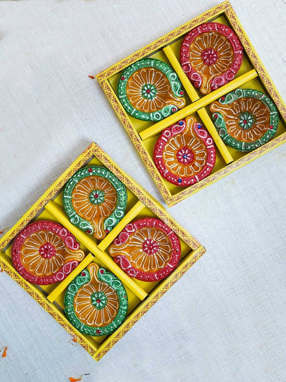 Tied Ribbons Set of 8 Maroon & Green Terracotta Diyas - Distacart