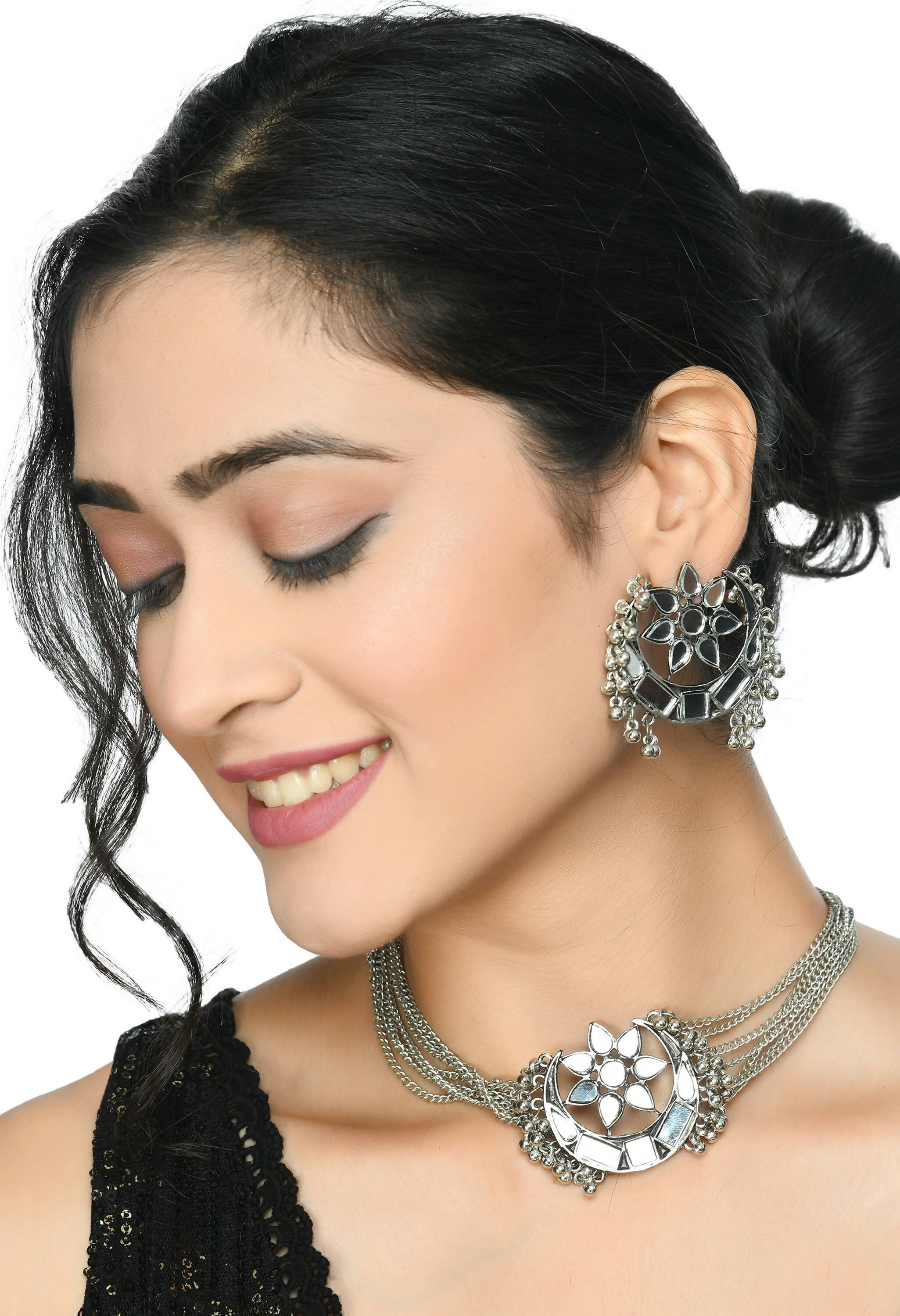 Mominos Fashion Johar Kamal Silver-Plated Brass Finish Mirror Work Choker For Women - Distacart