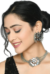 Thumbnail for Mominos Fashion Johar Kamal Silver-Plated Brass Finish Mirror Work Choker For Women - Distacart