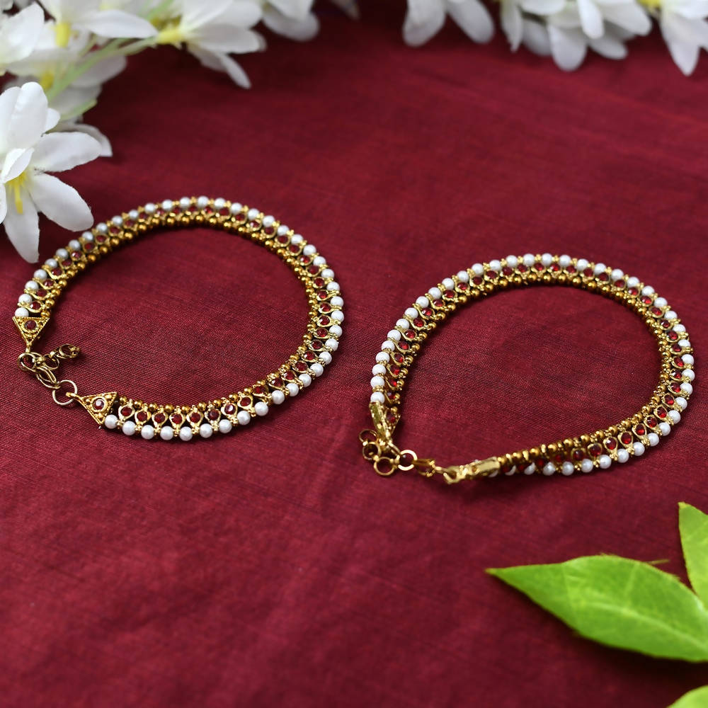 Mominos Fashion Kamal Johar Red Kundan Anklets