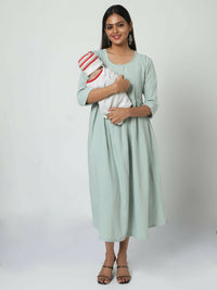 Thumbnail for Manet Three Fourth Maternity Dress Striped With Concealed Zipper Nursing Access - Pista Green - Distacart