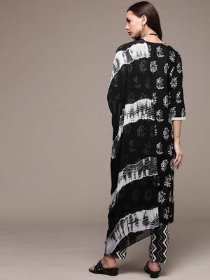 Anubhutee Black Printed Pure Cotton Kurta with Trousers & With Dupatta - Distacart