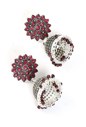 Tehzeeb Creations Silver Colour Earrings With Maroon Colour Pearl
