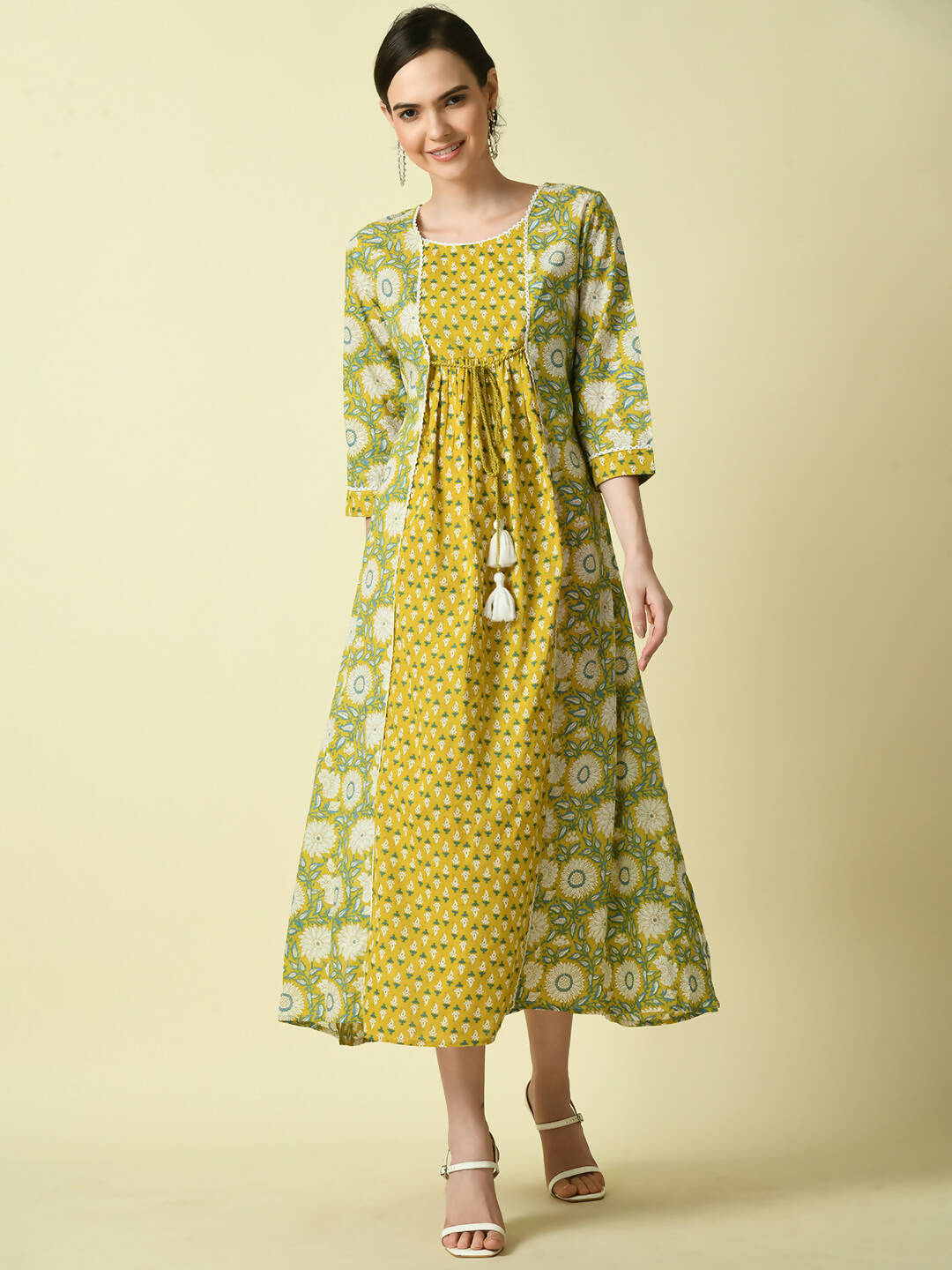 Myshka Women's Yellow Floral Printed Gown Dress - Distacart