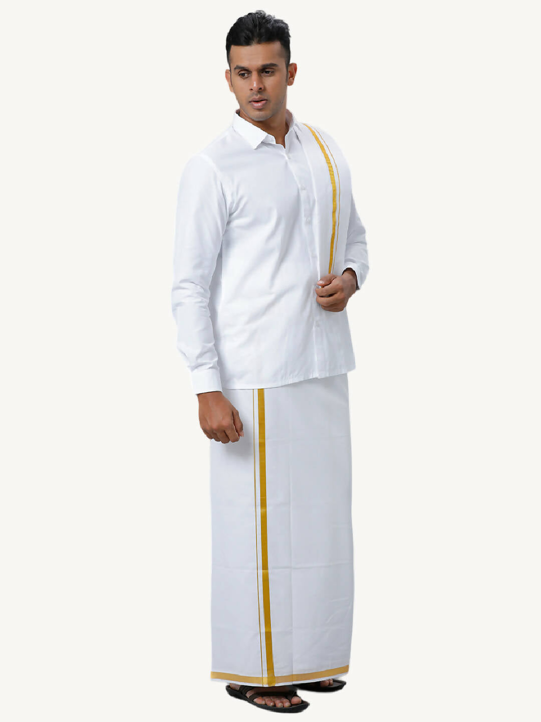 Ramraj Cotton Mens Wedding White Regular Dhoti, Shirt & Towel Set Subhakalyan 1/2" - Distacart