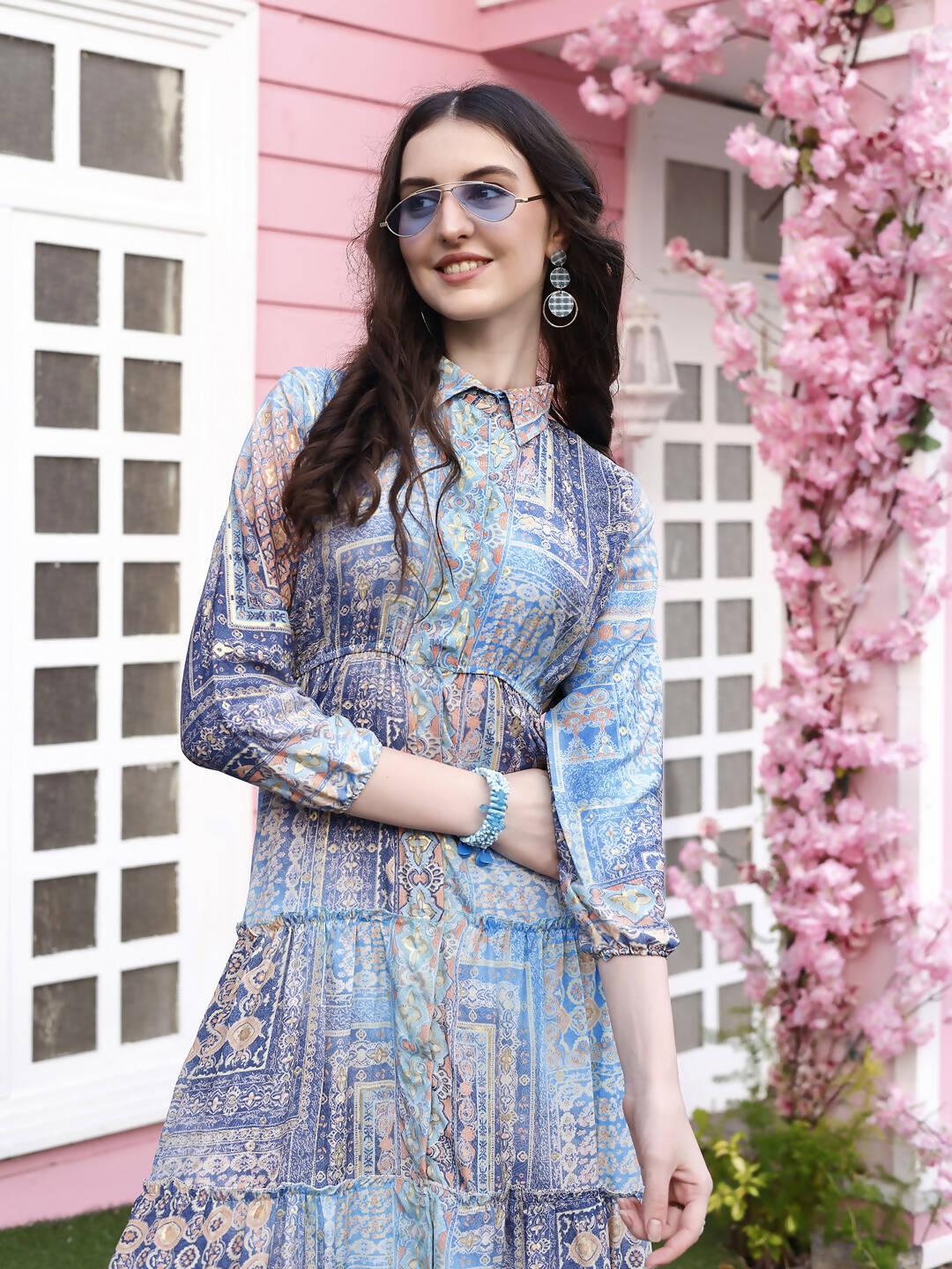 Light Blue Crepe Foil Printed Long Dress - Michan - Distacart