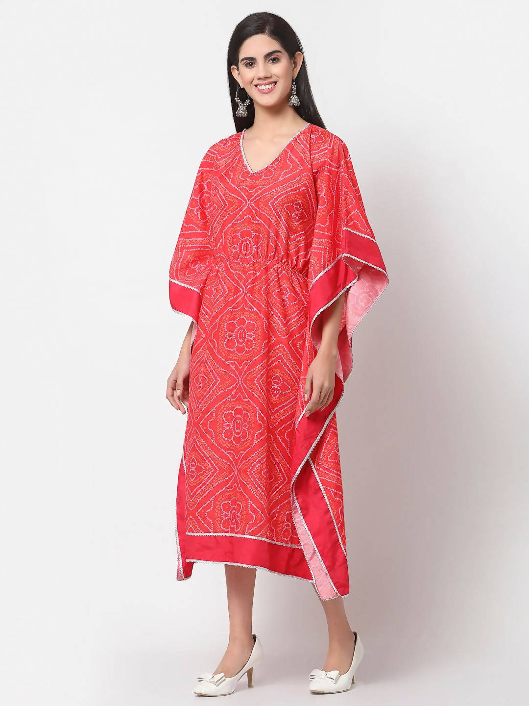 Myshka Pink Cotton Printed 3/4 Sleeve V Neck Casual Kaftan