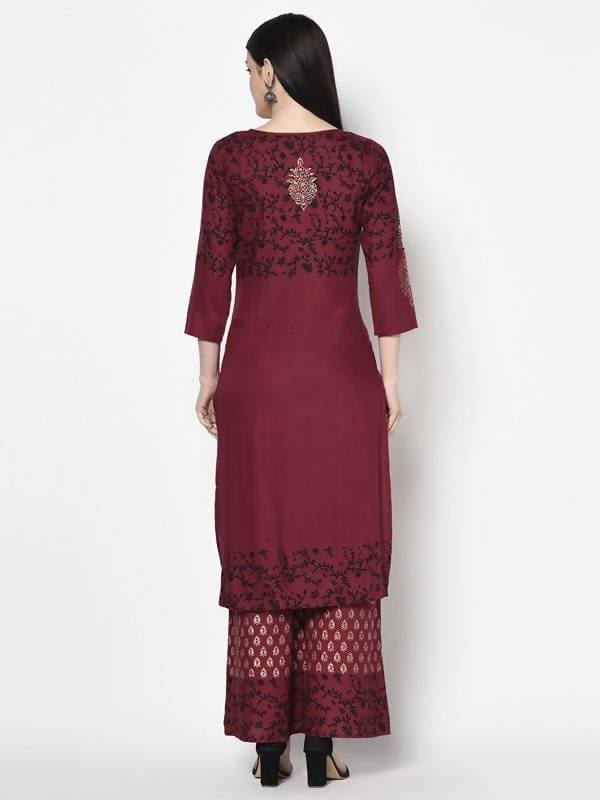 Aniyah Rayon Maroon Color Block Print Straight Kurta Palazzo Set (AN-184K)