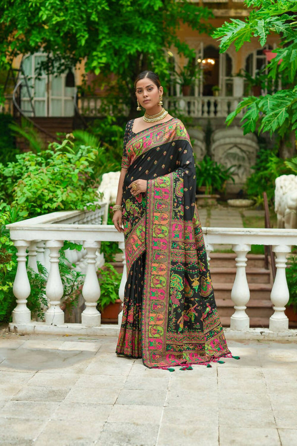 Vishnu Weaves Women's Black Banarasi Silk Kashmiri Woven Saree with Blouse - Distacart