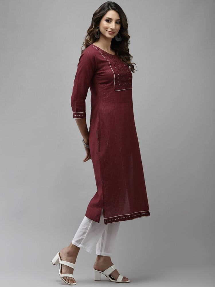 Yufta Women Maroon Yoke Design Mirror Work Cotton Kurta