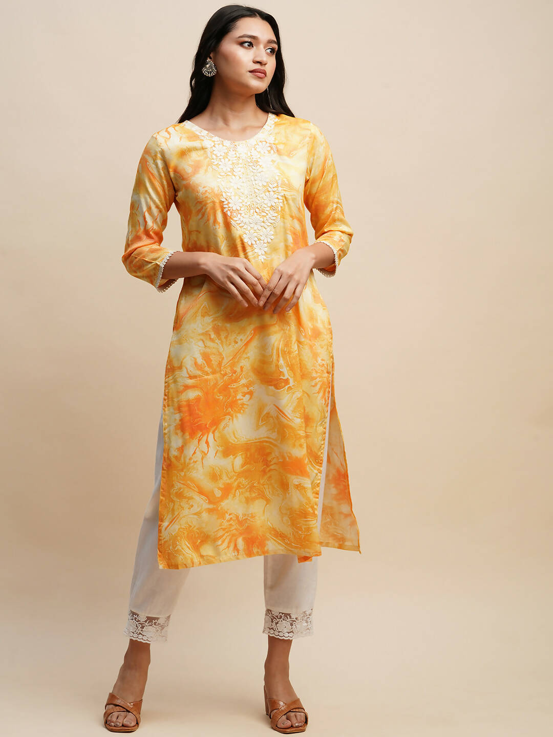 Mustard Poly Rayon Tie dye Printed Straight Kurta - Samira - Distacart