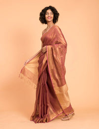 Thumbnail for Suta Pink Golden Solid Zari Pure Linen Saree - Distacart
