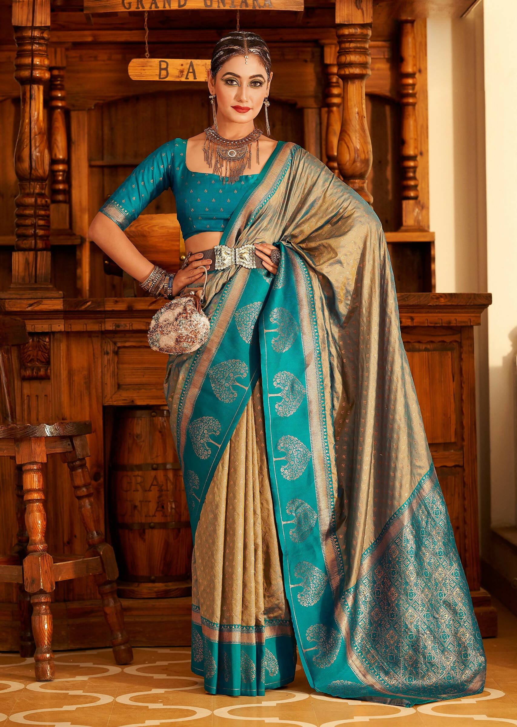 Beige Soft Banarasi Paithani Copper Zari Weaving Saree With Unstitched Blouse Piece - Jodha - Distacart