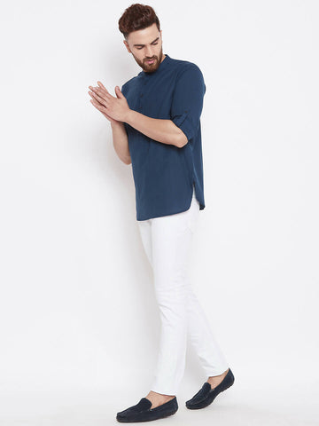 Even Apparels Blue Color Men's Pure Cotton Kurta With Band Collar - Distacart