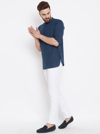 Even Apparels Blue Color Men's Pure Cotton Kurta With Band Collar - Distacart