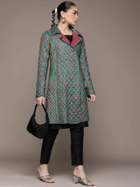 Thumbnail for Ritu Kumar Teal Green & Red Floral Print Quilted Velvet Finish Longline Tailored Jacket - Distacart