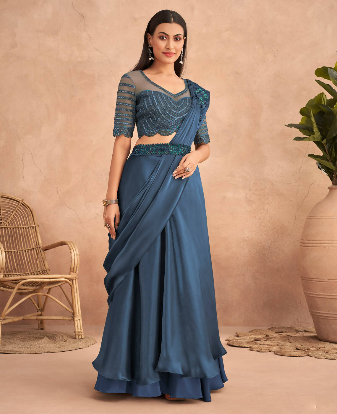 Navy Blue Satin Embroidered Ready To Wear Saree With Unstitched Blouse Piece - Nandika - Distacart